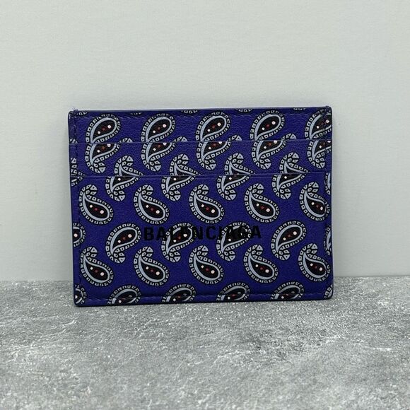 NWT Balenciaga Blue Paisley Print Leather Cardholder Wallet With Box Dust Bag - Picture 2 of 13